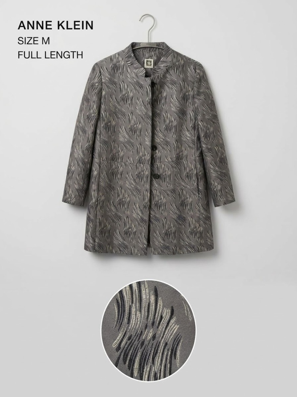 Anne Klein Gray Patterned Collarless Coat with Subtle Sheen